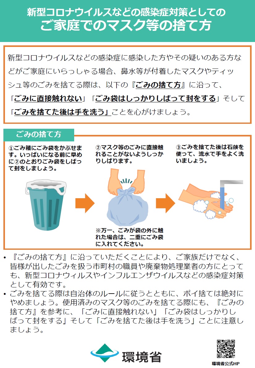 新型コロナウイルス感染症対策としてのご家庭でのマスク等の捨て方