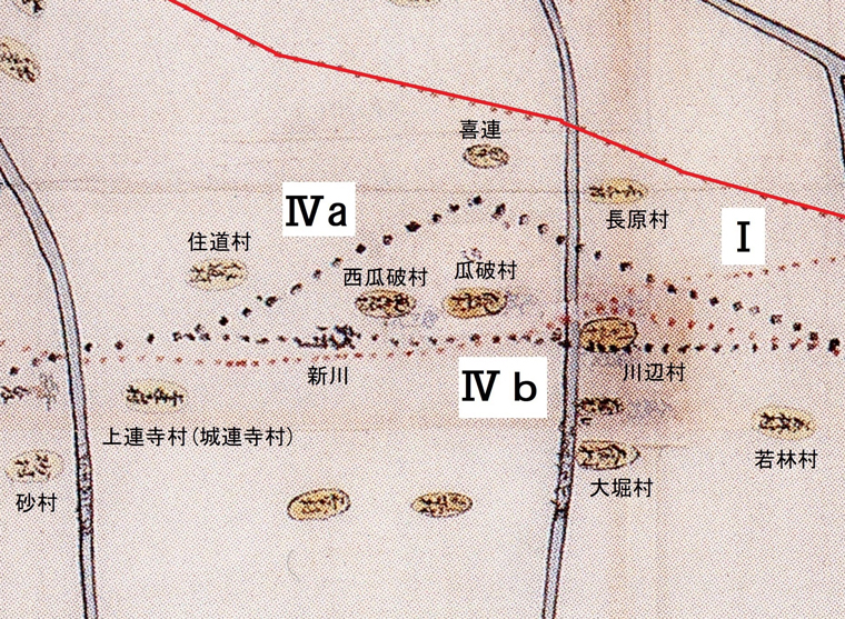 8.「大和川違積り図」 「大和川違積り図」(当館所蔵中家文書)部分に加筆。